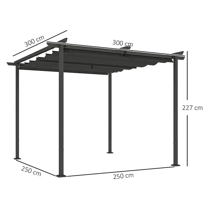 Outsunny Raffpavillon - Farbe Dach: Grau - Dunkelgraue Metallpergola mit ausziehbarer Stoffüberdachung, Maße: 300 cm lang, 250 cm breit, 227 cm hoch.