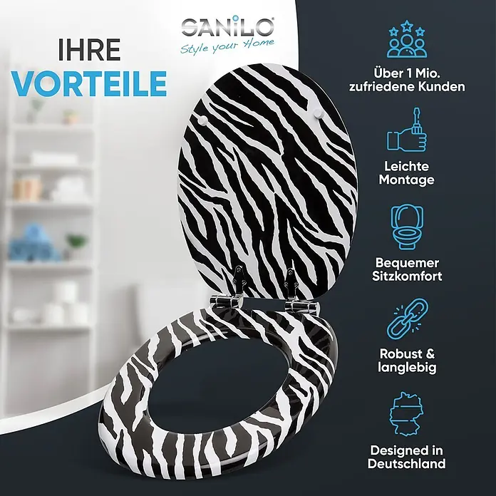 SANILO WC-Sitz Zebra Look mit Schnellverschluss - MDF, Schwarz, Mit Absenkautomatik - Offener Toilettensitz mit Zebra-Muster in Schwarz-Weiß, präsentiert mit Produktvorteilen.