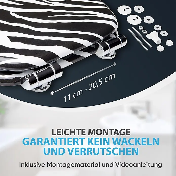 SANILO WC-Sitz Zebra Look mit Schnellverschluss - MDF, Schwarz, Mit Absenkautomatik - Toilettensitz mit schwarz-weißem Zebramuster, verstellbaren Chromscharnieren und Montageteilen.