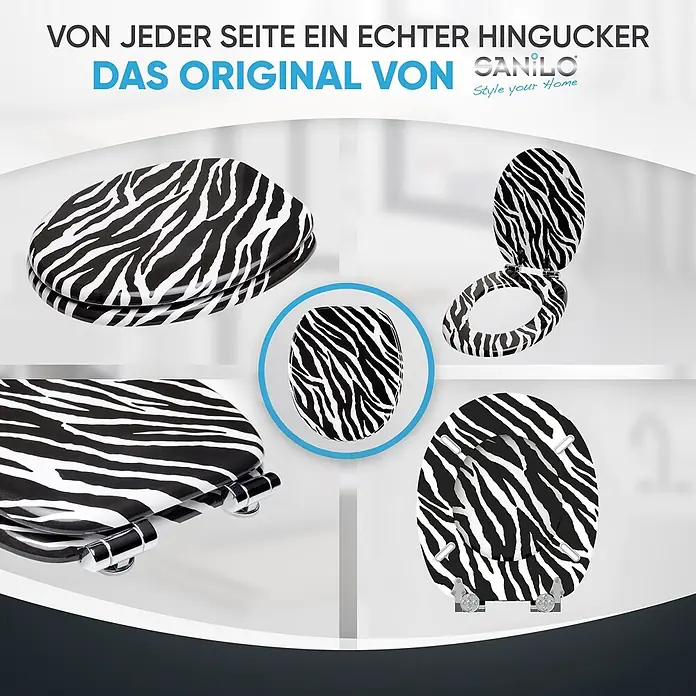 SANILO WC-Sitz Zebra Look mit Schnellverschluss - MDF, Schwarz, Mit Absenkautomatik - Toilettensitz mit schwarz-weißem Zebramuster, aus verschiedenen Blickwinkeln dargestellt.