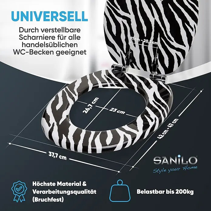 SANILO WC-Sitz Zebra Look mit Schnellverschluss - MDF, Schwarz, Mit Absenkautomatik - Zebra-Toilettensitz mit verstellbaren Scharnieren, hoher Materialqualität und Belastbarkeit bis 200 kg.