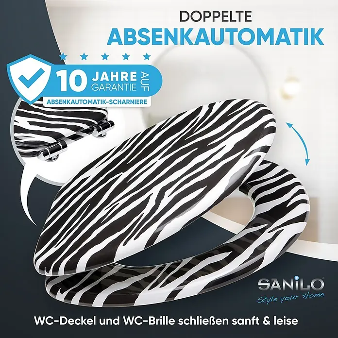 SANILO WC-Sitz Zebra Look mit Schnellverschluss - MDF, Schwarz, Mit Absenkautomatik - Schwarz-weiß gestreifter WC-Sitz mit Absenkautomatik.