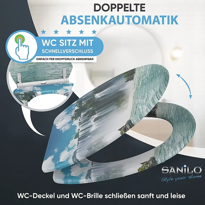 SANILO WC-Sitz Wasserfall mit Schnellverschluss - MDF, Blau, Mit Absenkautomatik - WC-Sitz mit Wasserfall-Design, doppelter Absenkautomatik und Schnellverschluss zum einfachen Abnehmen.