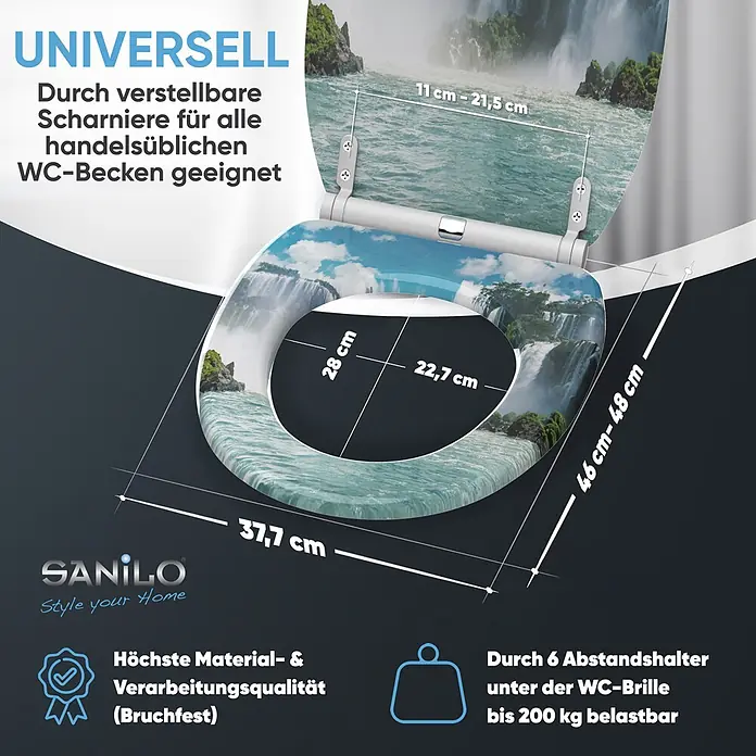 SANILO WC-Sitz Wasserfall mit Schnellverschluss - MDF, Blau, Mit Absenkautomatik - Toilettensitz mit Wasserfall-Motiv. Verstellbare Scharniere für universelle Passform, hohe Qualität und 200 kg Belastbarkeit.