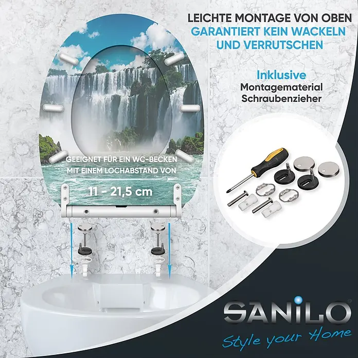 SANILO WC-Sitz Wasserfall mit Schnellverschluss - MDF, Blau, Mit Absenkautomatik - Toilettensitz mit Wasserfalldesign, zeigt die einfache Top-Montage und Zubehör. Für Lochabstand 11-21,5 cm, wackelfrei.