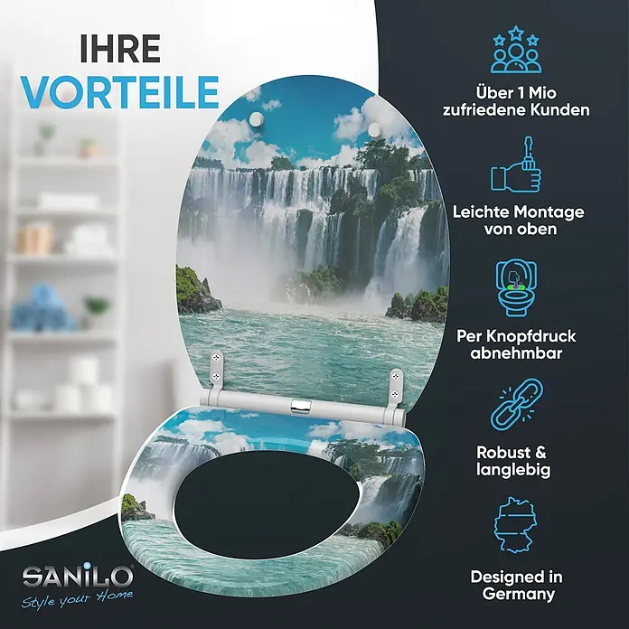 SANILO WC-Sitz Wasserfall mit Schnellverschluss - MDF, Blau, Mit Absenkautomatik - Toilettensitz mit realistischem Wasserfallbild auf Deckel und Brille, mit ruhiger blau-grüner Landschaft.