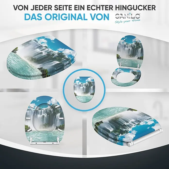 SANILO WC-Sitz Wasserfall mit Schnellverschluss - MDF, Blau, Mit Absenkautomatik - Weißer WC-Sitz mit lebhaftem Wasserfall-Druck, aus verschiedenen Perspektiven gezeigt.