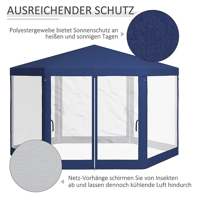 Outsunny Standard-Pavillon - Farbe Gestell: Blau, Metall - Blauer Pavillon mit Polyesterdach für Sonnenschutz und Netzvorhängen gegen Insekten bei Luftzirkulation.