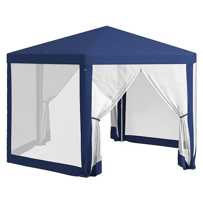 Outsunny Standard-Pavillon - Farbe Gestell: Blau, Metall - Blauer Outdoor-Pavillon mit weißen Netzwänden, teils zurückgebunden.