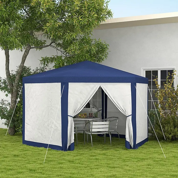 Outsunny Standard-Pavillon - Farbe Gestell: Blau, Metall - Blau-weißes sechseckiges Gartenpavillon mit offenen Seiten, das eine kleine Essgruppe auf einer Wiese schützt.