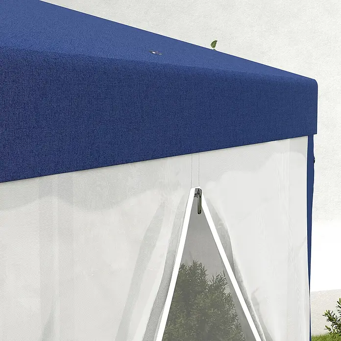 Outsunny Standard-Pavillon - Farbe Gestell: Blau, Metall - Blaue Stoff-Pavillon-Ecke mit weißer Netz-Seitenwand, teilweise geöffnet, die grünes Laub zeigt.