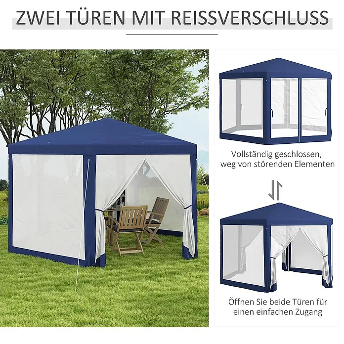 Outsunny Standard-Pavillon - Farbe Gestell: Blau, Metall - Blauer Gartenpavillon mit weißen Stoffseitenwänden und zwei Reißverschlusstüren, die sich schließen oder zum einfachen Zugang öffnen lassen.
