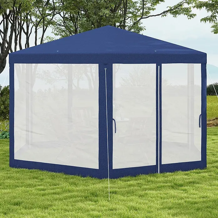 Outsunny Standard-Pavillon - Farbe Gestell: Blau, Metall - Blaues Outdoor-Pavillon mit Spitzdach und transparenten Netzseitenwänden.