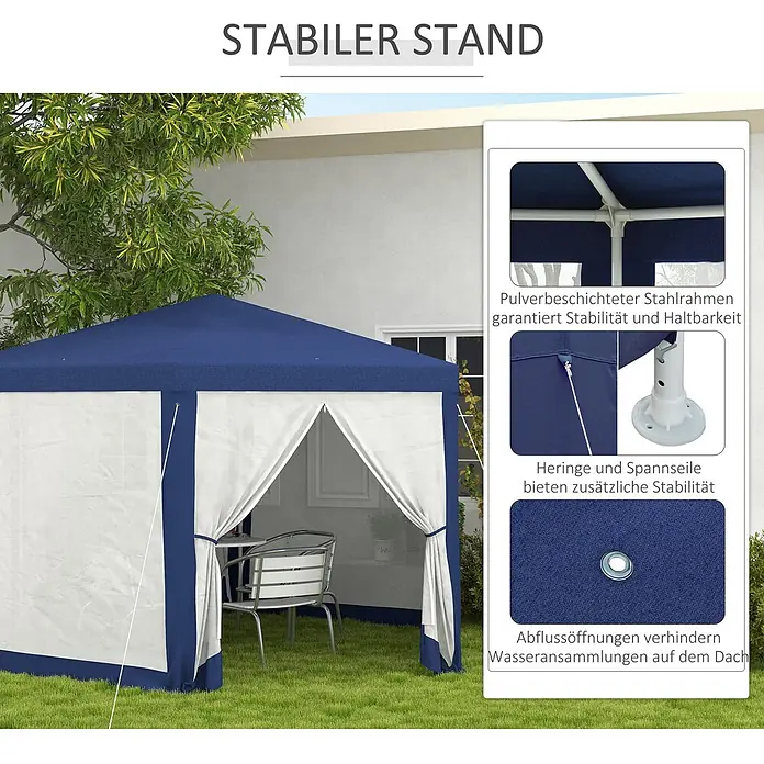 Outsunny Standard-Pavillon - Farbe Gestell: Blau, Metall - Blau-weißes Gartenpavillon mit robustem pulverbeschichtetem Stahlrahmen. Detailansichten zeigen Stabilität und Entwässerungsfunktionen.
