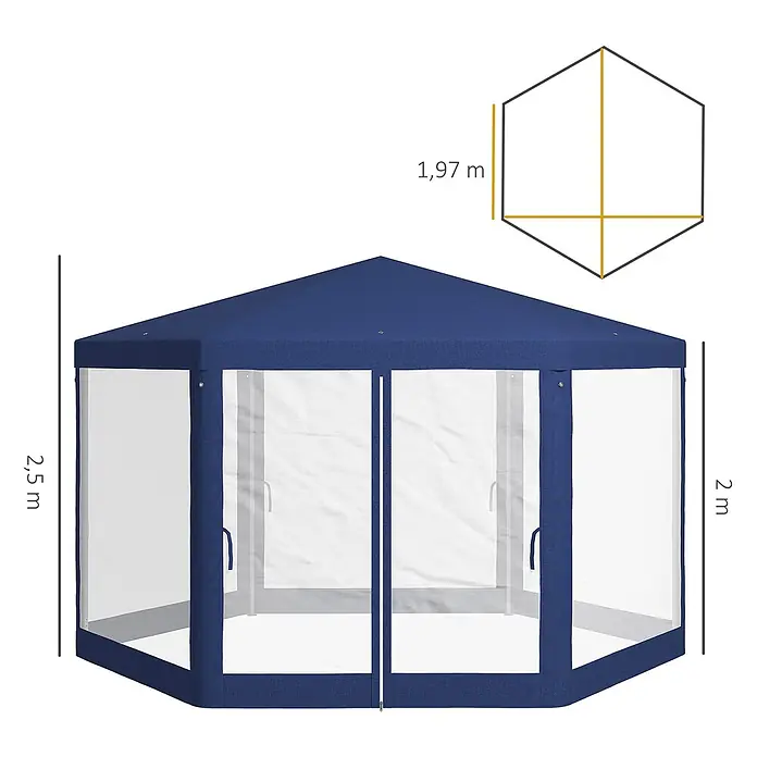 Outsunny Standard-Pavillon - Farbe Gestell: Blau, Metall - Blauer sechseckiger Pavillon mit transparenten Seitenwänden, 2,5m hoch und 1,97m breit.