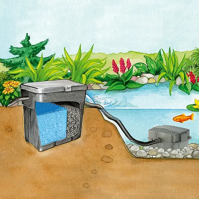 Neptun Classic Durchlauffilter-Set NCTF-O 4000 UV - Teichgröße: 4 m³ - Illustration eines Teichfiltersystems mit Pumpe und Filterbox, umgeben von Pflanzen und einem Goldfisch im Teich.