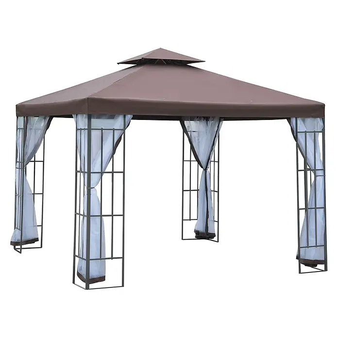 Outsunny Standard-Pavillon - Farbe Gestell: Schwarz, Stahl - Brauner Outdoor-Pavillon mit dunklem Metallrahmen und weißen, durchsichtigen Vorhängen.