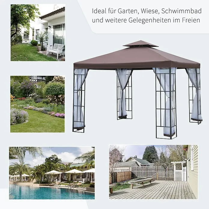 Outsunny Standard-Pavillon - Farbe Gestell: Schwarz, Stahl - Brauner Outdoor-Pavillon mit transparenten weißen Vorhängen, ideal für Gärten, Terrassen und Poolbereiche.