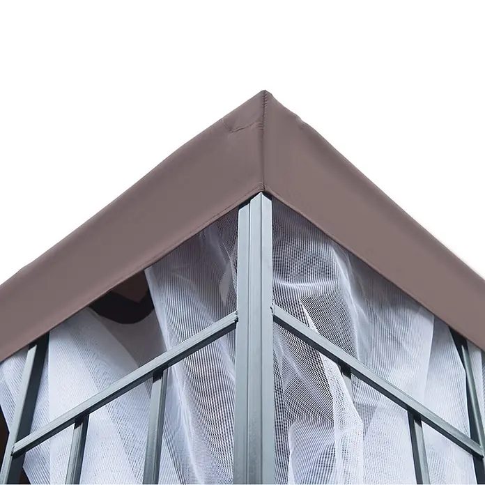 Outsunny Standard-Pavillon - Farbe Gestell: Schwarz, Stahl - Ecke eines braunen Pavillondachs mit grauem Metallrahmen und weißem Moskitonetz.