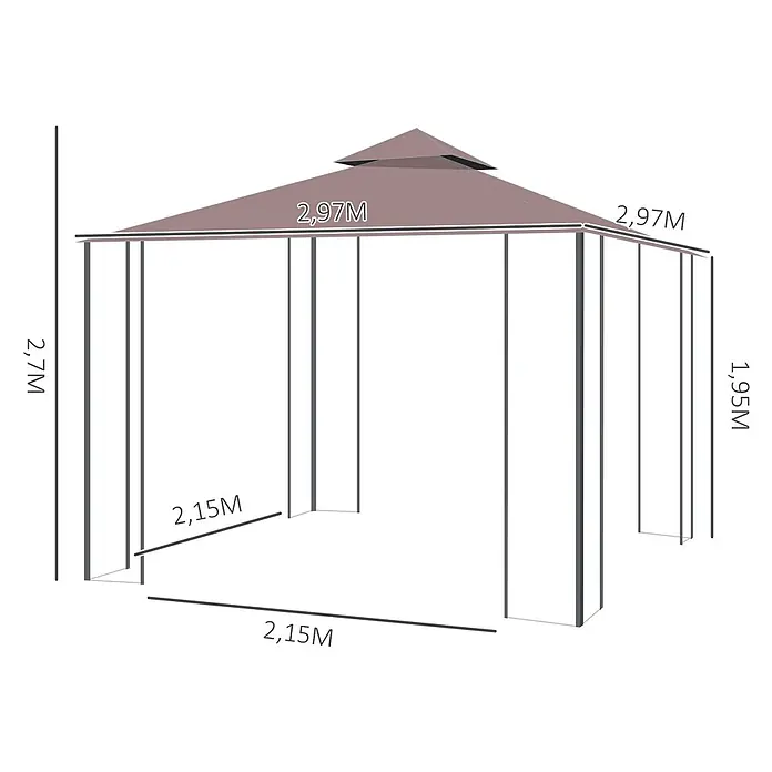 Outsunny Standard-Pavillon - Farbe Gestell: Schwarz, Stahl - Brauner und grauer Metallpavillon mit Pyramidendach. Dach 2,97x2,97M, Basis 2,15x2,15M, Gesamthöhe 2,7M.