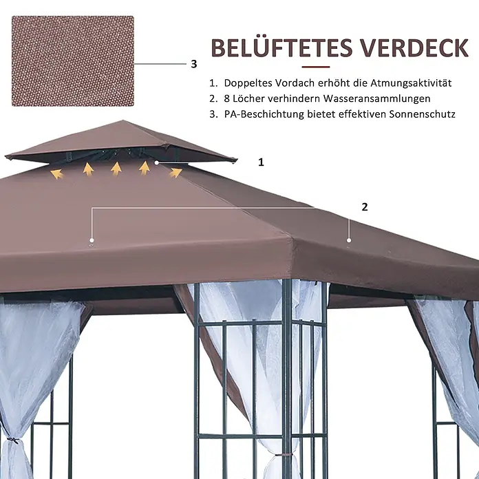 Outsunny Standard-Pavillon - Farbe Gestell: Schwarz, Stahl - Braunes Pavillondach mit belüftetem Doppeldach, Stoffdetails und Sonnenschutzfunktionen.