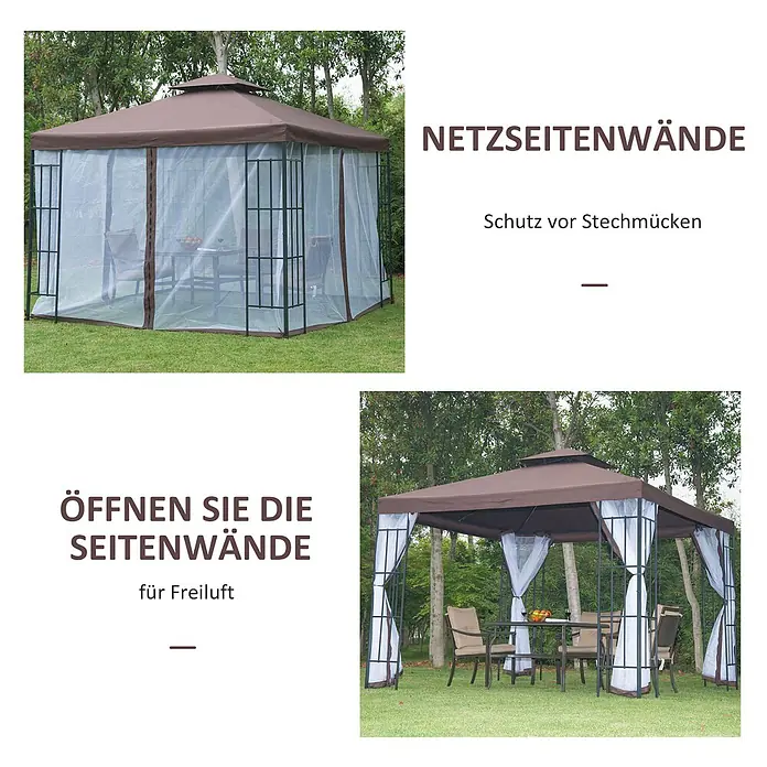 Outsunny Standard-Pavillon - Farbe Gestell: Schwarz, Stahl - Braunes Gartenpavillon mit dunklem Metallrahmen, gezeigt mit geschlossenen Netzseitenwänden zum Mückenschutz und geöffnet für Belüftung.