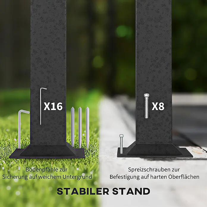 Outsunny Standard-Pavillon - Farbe Gestell: Hellgrau, Metall - Zwei schwarze Bodenplatten mit verschiedenen Befestigungsoptionen: 16 Bodenpfähle für weichen Untergrund und 8 Spreizschrauben für harte Oberflächen für stabilen Stand.