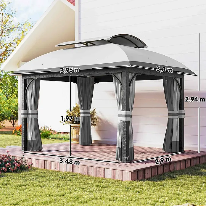 Outsunny Standard-Pavillon - Farbe Gestell: Hellgrau, Metall - Geräumiger grauer Gartenpavillon mit weißem Dach und Vorhängen, detailliert mit Schlüsselmaßen.
