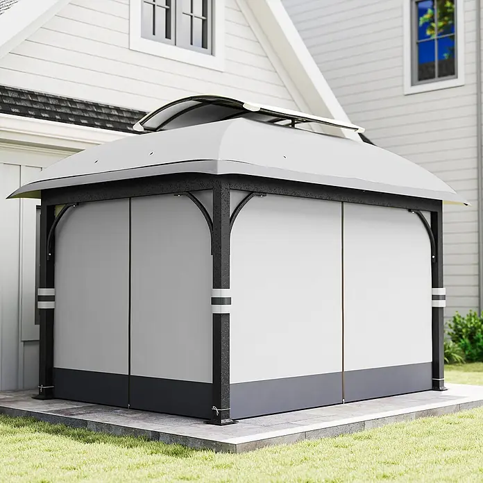Outsunny Standard-Pavillon - Farbe Gestell: Hellgrau, Metall - Ein dunkelgrau-weißes Gartenpavillon mit geschwungenem Dach und festen Seiten auf einer gepflasterten Terrasse.