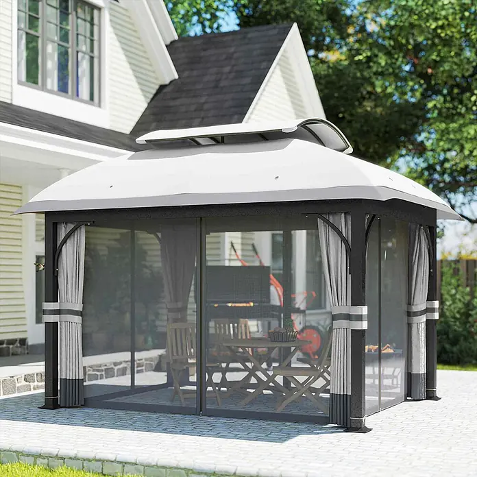 Outsunny Standard-Pavillon - Farbe Gestell: Hellgrau, Metall - Großes Gartenpavillon mit weißem Dach, dunkelgrauem Gestell, Moskitonetzen und Vorhängen auf einer gepflasterten Terrasse.
