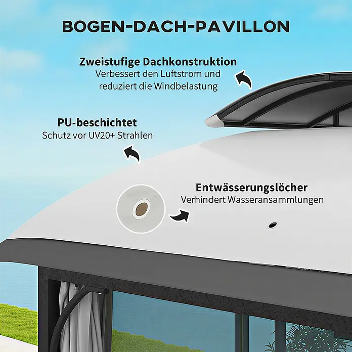 Outsunny Standard-Pavillon - Farbe Gestell: Hellgrau, Metall - Weißes PU-beschichtetes Bogen-Pavillondach mit zweistufigem Design für Belüftung und Entwässerungslöchern.