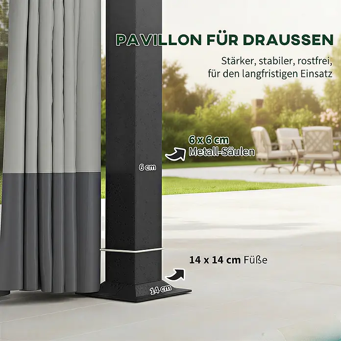 Outsunny Standard-Pavillon - Farbe Gestell: Hellgrau, Metall - Schwarze Metallpavillon-Säule (6x6 cm) mit stabiler 14x14 cm Basis und grauem Vorhang. Für langfristigen Außeneinsatz.