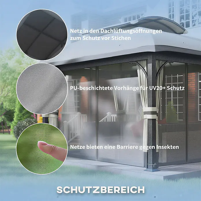Outsunny Standard-Pavillon - Farbe Gestell: Hellgrau, Metall - Pavillon mit Schutzfunktionen: Netz in Dachlüftung gegen Stiche, PU-beschichtete Vorhänge für UV20+ Schutz, Insektenschutznetze.