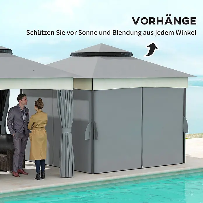 Outsunny Standard-Pavillon - Farbe Gestell: Dunkelgrau, Metall - Graues Outdoor-Pavillon mit Stoffvorhängen, die vor Sonne und Blendung am Pool schützen.