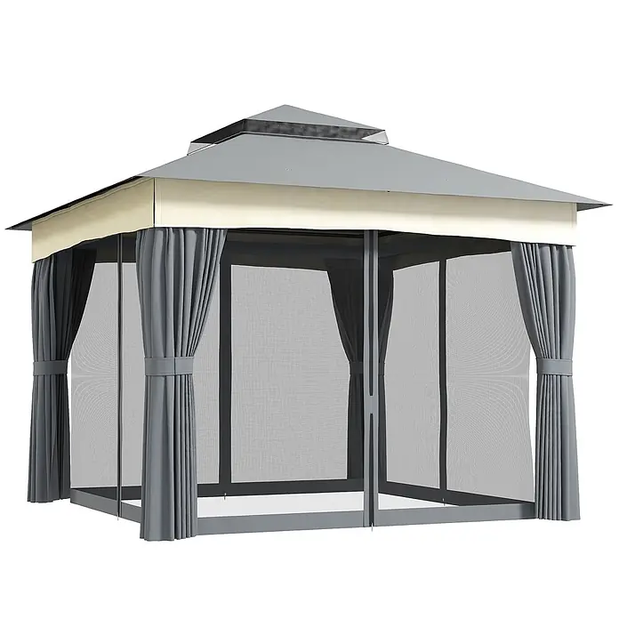 Outsunny Standard-Pavillon - Farbe Gestell: Dunkelgrau, Metall - Grauer zweistöckiger Pavillon mit beigem Volant, grauen Sichtschutzvorhängen und Moskitonetzen.