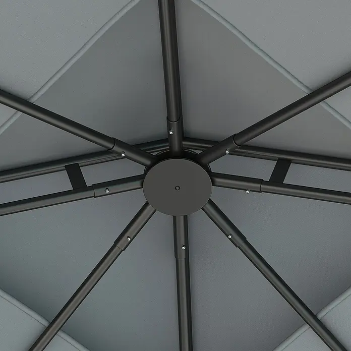 Outsunny Standard-Pavillon - Farbe Gestell: Dunkelgrau, Metall - Unterseite eines grauen Vordach-Daches mit schwarzer Metallstützstruktur.