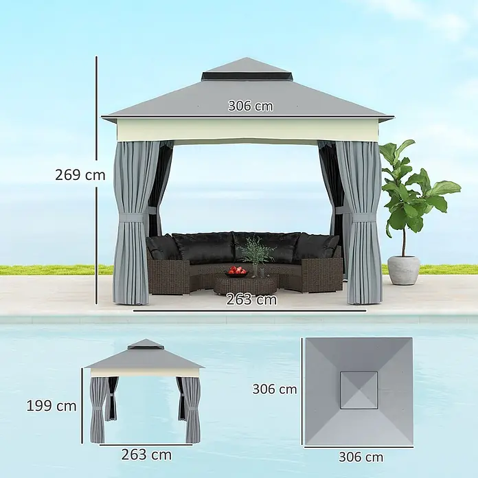 Outsunny Standard-Pavillon - Farbe Gestell: Dunkelgrau, Metall - Grauer Pavillon mit Vorhängen über Gartenmöbeln am Pool, Maße angezeigt.