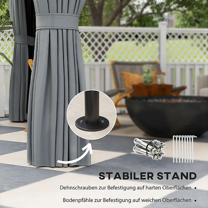 Outsunny Standard-Pavillon - Farbe Gestell: Dunkelgrau, Metall - Grauer Pavillonvorhang mit stabilem Standfuß, inkl. Dehnschrauben für harte Oberflächen und Bodenpfählen für weiche Oberflächen.