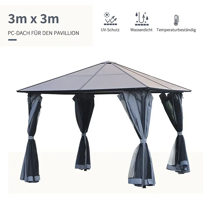 Outsunny Standard-Pavillon - Farbe Gestell: Grau, Metall - Grauer 3x3m Pavillon mit Polycarbonat-Dach, UV-Schutz, wasserdicht und temperaturbeständig. Inklusive Vorhängen.