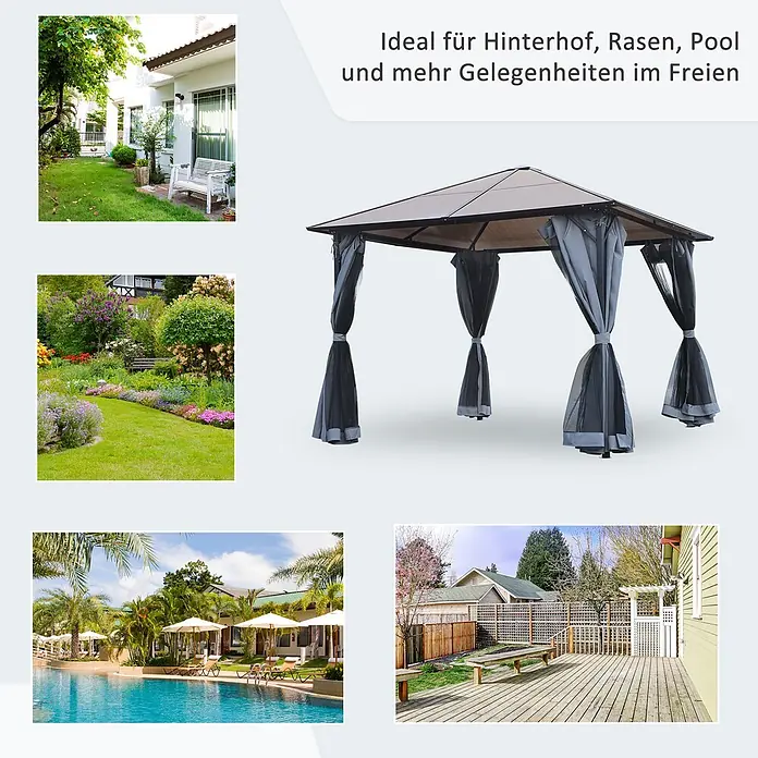 Outsunny Standard-Pavillon - Farbe Gestell: Grau, Metall - Pavillon mit braunem Dach & grauen Netzwänden, ideal für Außenbereiche wie Hinterhöfe, Rasenflächen & Pools.