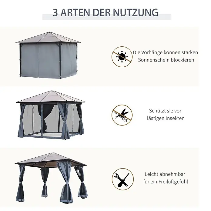 Outsunny Standard-Pavillon - Farbe Gestell: Grau, Metall - Grauer Pavillon in drei Anwendungen: Vorhänge geschlossen für Sonne, Netze geschlossen für Insekten, beide zurückgebunden für Freiluft.