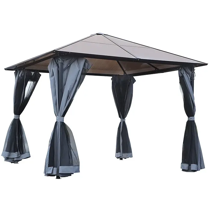 Outsunny Standard-Pavillon - Farbe Gestell: Grau, Metall - Dunkelgrauer Metallpavillon mit durchsichtigem braunem Dach, grauen Vorhängen und zurückgebundenen schwarzen Mückennetzen.