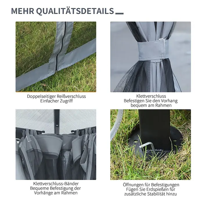 Outsunny Standard-Pavillon - Farbe Gestell: Grau, Metall - Details eines grauen Outdoor-Pavillons: doppelseitiger Reißverschluss, Klettverschlüsse für Vorhänge und Rahmen, Bodenplatte mit Erdspieß-Öffnungen.