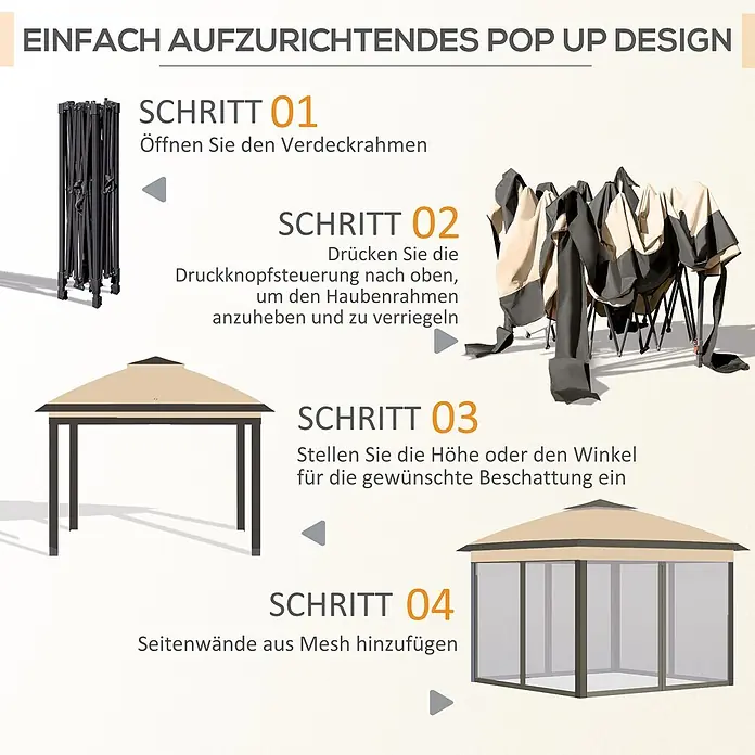 Outsunny Standard-Pavillon - Farbe Gestell: Schwarz, Metall - Vierschritt-Anleitung zum Aufbau eines Pop-up-Pavillons mit dunklem Rahmen und beigem Dach, einschließlich der Befestigung von Netzseitenwänden.