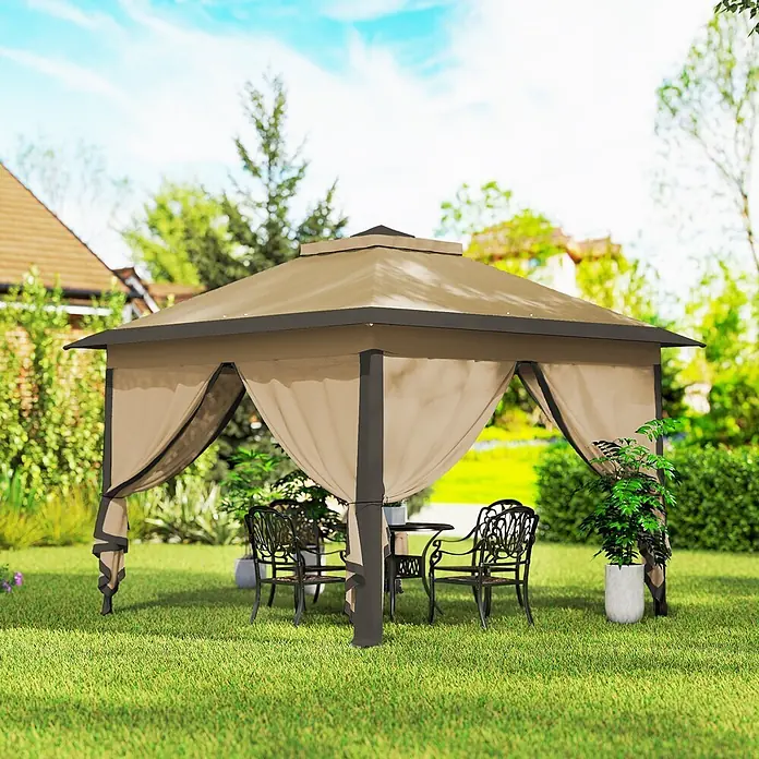 Outsunny Standard-Pavillon - Farbe Gestell: Schwarz, Metall - Ein beigefarbener Pavillon mit dunklem Gestell spendet einem kleinen Tisch und zwei Stühlen Schatten.