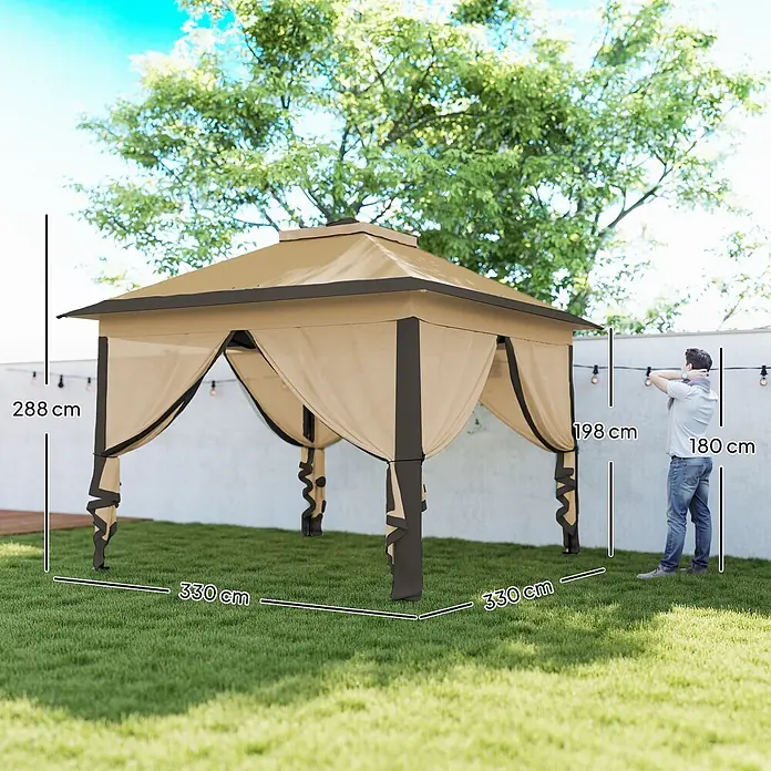 Outsunny Standard-Pavillon - Farbe Gestell: Schwarz, Metall - Beige-dunkelbrauner Pavillon im Garten, mit Person zum Größenvergleich. Maße 330x330x288 cm.