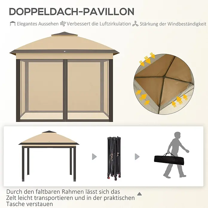 Outsunny Standard-Pavillon - Farbe Gestell: Schwarz, Metall - Beiges Doppeldach-Pavillon mit dunkelbraunem Rahmen, faltbar für einfachen Transport und Lagerung in einer Tasche.