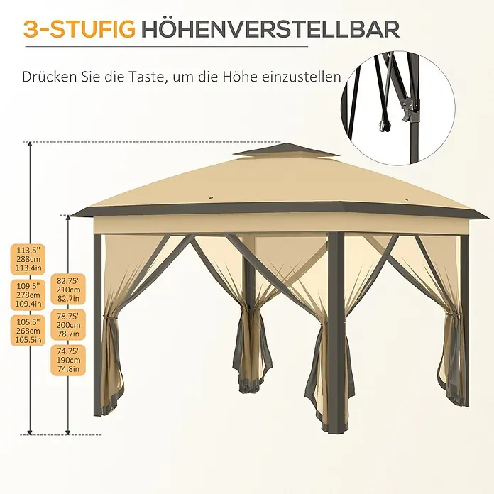 Outsunny Standard-Pavillon - Farbe Gestell: Schwarz, Metall - Beiges und dunkelgraues Partyzelt mit Netzwänden, 3-fach höhenverstellbar für flexible Nutzung.