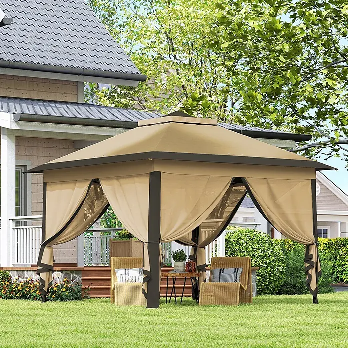 Outsunny Standard-Pavillon - Farbe Gestell: Schwarz, Metall - Beiges Outdoor-Pavillon mit dunklem Rahmen und gerafften Vorhängen, bietet schattigen Sitzbereich im Garten.