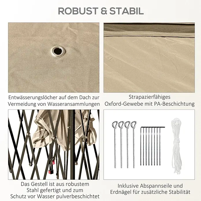 Outsunny Standard-Pavillon - Farbe Gestell: Schwarz, Metall - Robustes, beiges Oxford-Gewebe mit Entwässerungslöchern und pulverbeschichtetem Stahlgestell. Inklusive Abspannseile und Erdnägel für Stabilität.